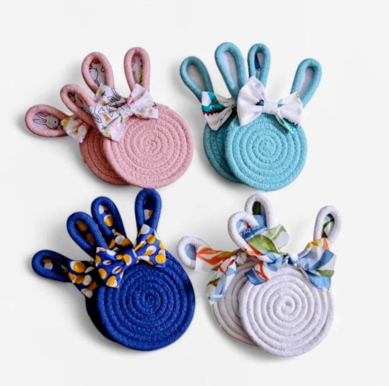 Bunny-Coasters-Pink,-Navy-Blue-White-Sky-Blue-White